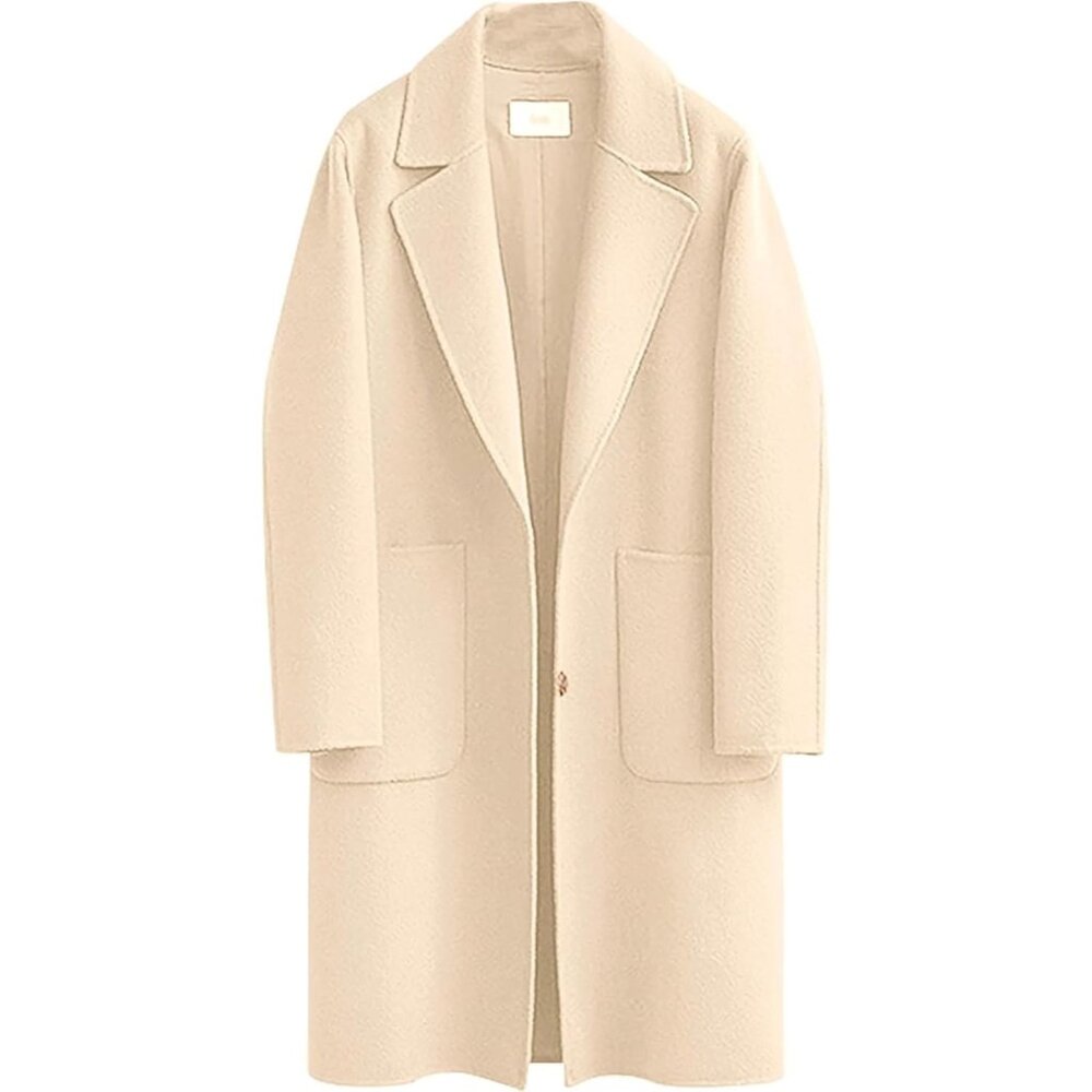 💫 Women White Mid Long Pea Coat Lapel Wool Button Warm Thicken Trench Jacket